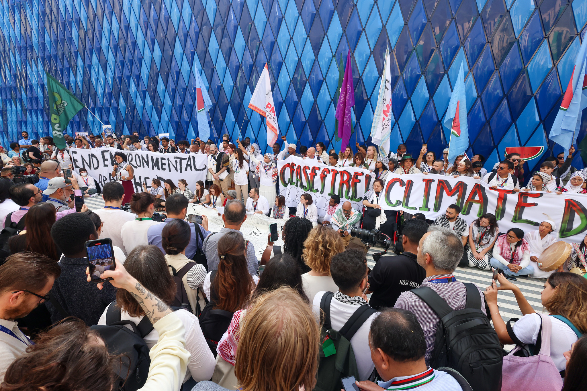 Advocacy groups calling for human rights action for Climate Justice during the UN Climate Change Conference COP28 in Dubai on December 3. Photo by COP28/Walaa Alshaer.