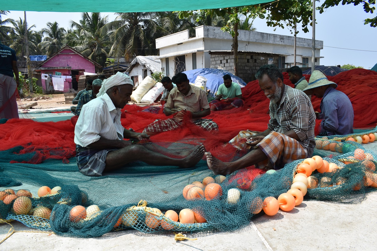 Fishermen mending ringsein nets in Kerala