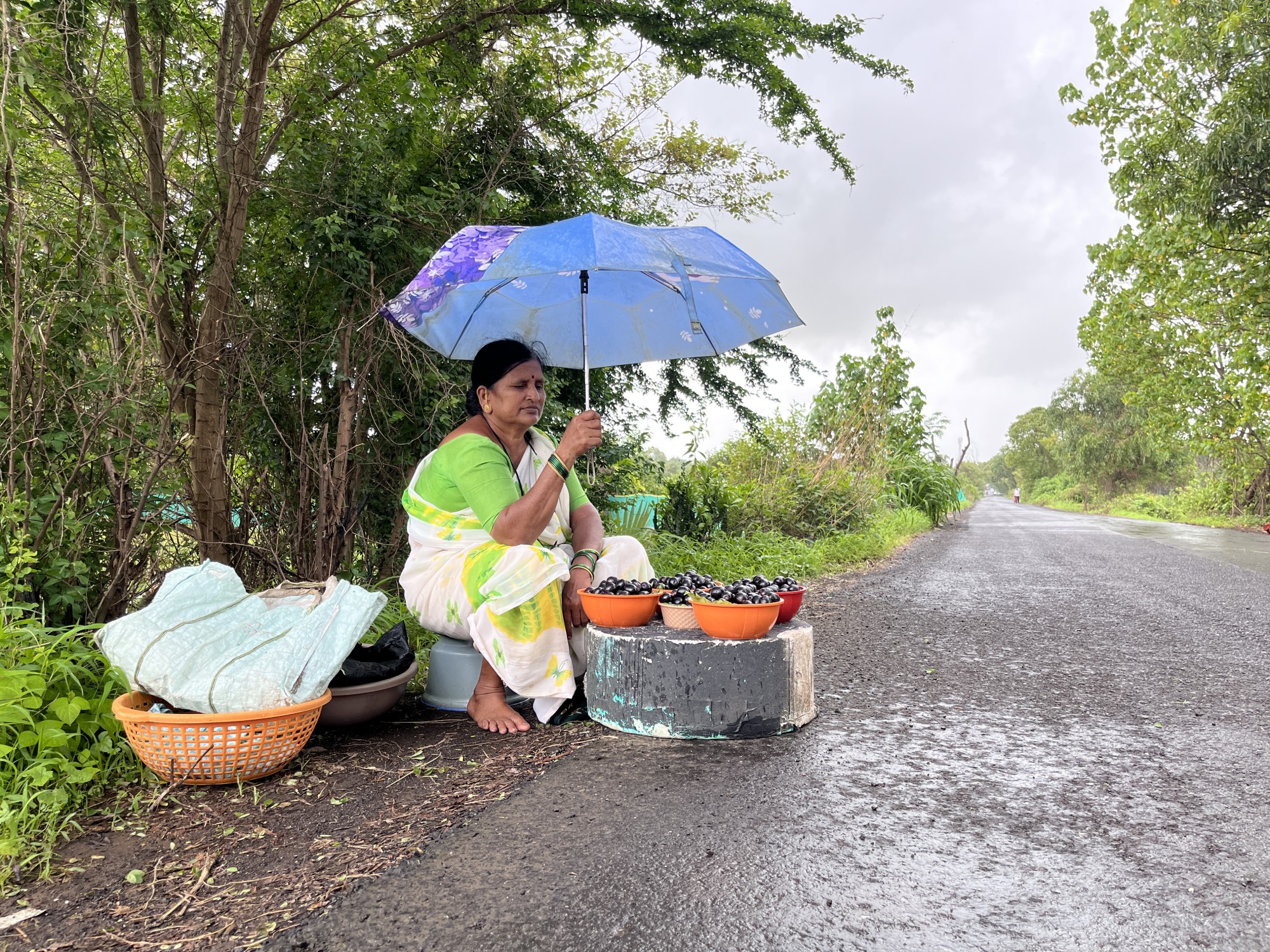 Geeta Kini, a jamun cultivator, holds an umbrella to protect the produce from heavy rainfall. She says that previously, at least 50 women would sell jamuns by the roads. This year, there were very few of them, owing to a huge loss of jamuns, according to her. Image by Rushikesh More.