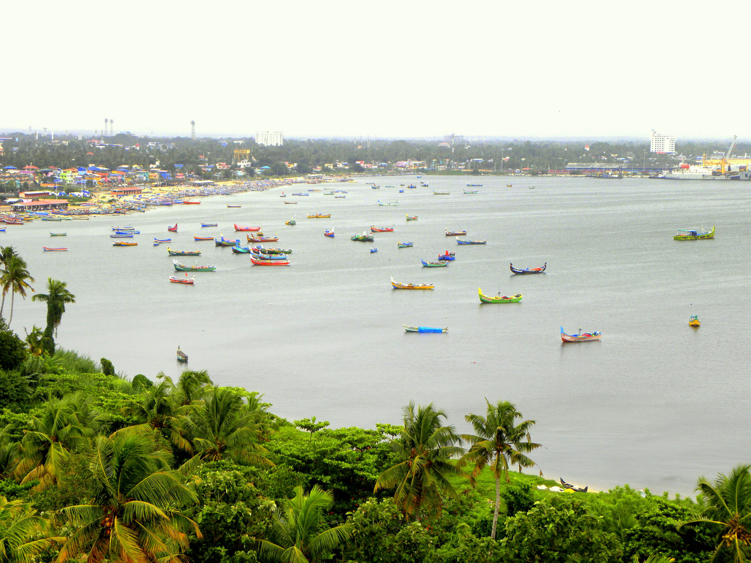 An aerial view of fishing activities at Thangassery, Kollam, Kerala. The fisheries sector employs more than 2.5 crore fisherfolk and fish farmers in India. Image by Arunvrparavur via Wikimedia Commons (CC BY-SA 3.0).
