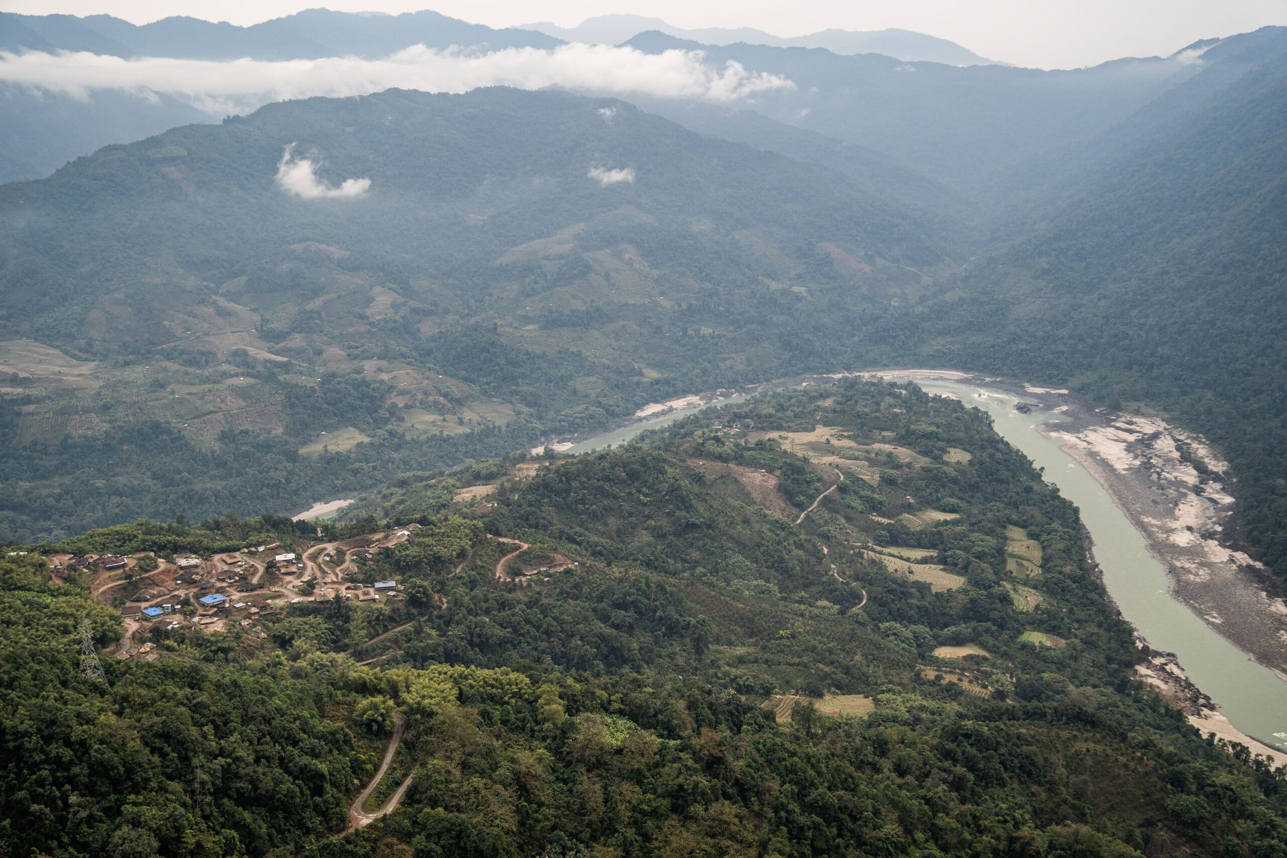 An aerial view of Paring village along the Siang river in western Arunachal Pradesh. Image by Hagen Desa.