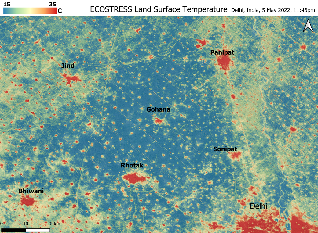 NASA detects ground temperatures in cities north of Delhi on May 5, 2022, revealing urban heat islands. Image by NASA/JPL-Caltech via Public Domain.