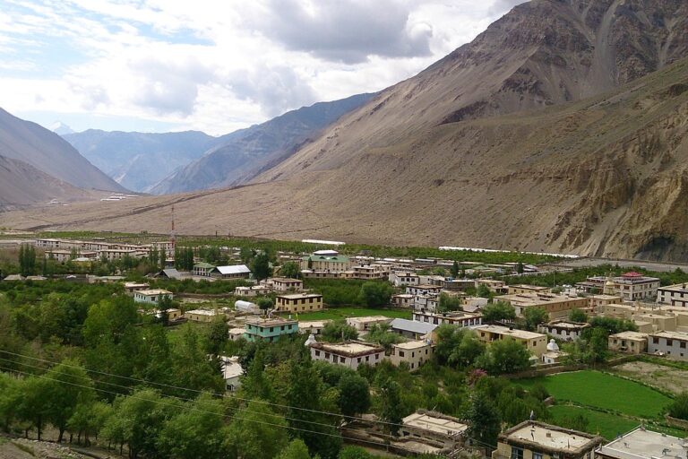 An aerial view of Tabo village in Spiti, with the monastery visible on the right. Image by Manish Pathak via Wikimedia Commons (CC BY-SA 4.0).