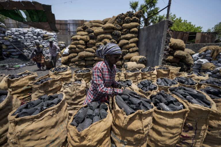 A woman works at a coal depot in Ahmedabad in the summer of 2022, when heatwaves were scorching the country. (AP Photo/Ajit Solanki)