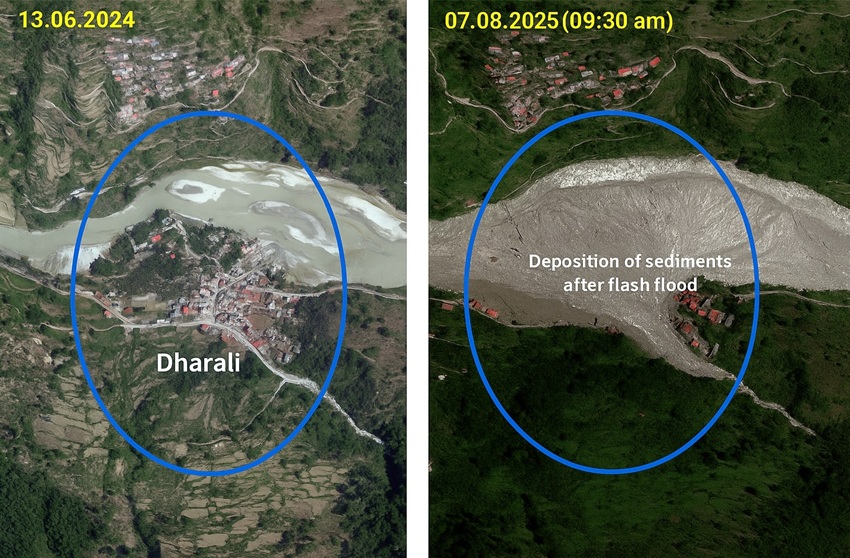 Satellite images comparing Dharali pre-disaster (June 13, 2024) and post-disaster (August 7, 2025). Image courtesy of National Remote Sensing Centre, Hyderabad.