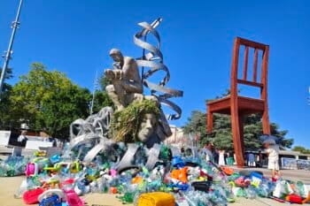 A man with a baby in his arms sat on the sculpture of Mother Earth, surrounded by broken plastic toys, bottles, and chairs scattered around. Every day, some more trash was added. Even as the man is seen thinking, Mother Earth, his own body, and the DNA helix above him, were all covered in plastic. Even as plastic has penetrated the foetus-symbolised by the DNA helix, the sea and the mountains, world leaders procrastinate to agree on a solution.