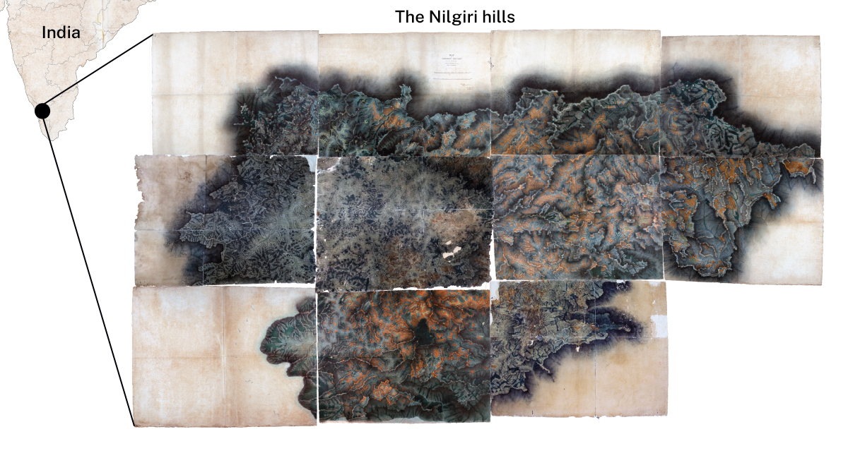 The digitised 1848 Nilgiri hills map. Researchers found the pieces of the map in the British Library in London and the Tamil Nadu State Archives in Chennai. Image by Vijay Ramesh.
