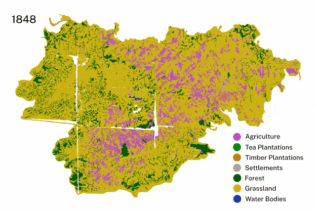 Landscape changes over time revealed a 80% decrease in grassland area between 1848 and 2018. Images by Vijay Ramesh.