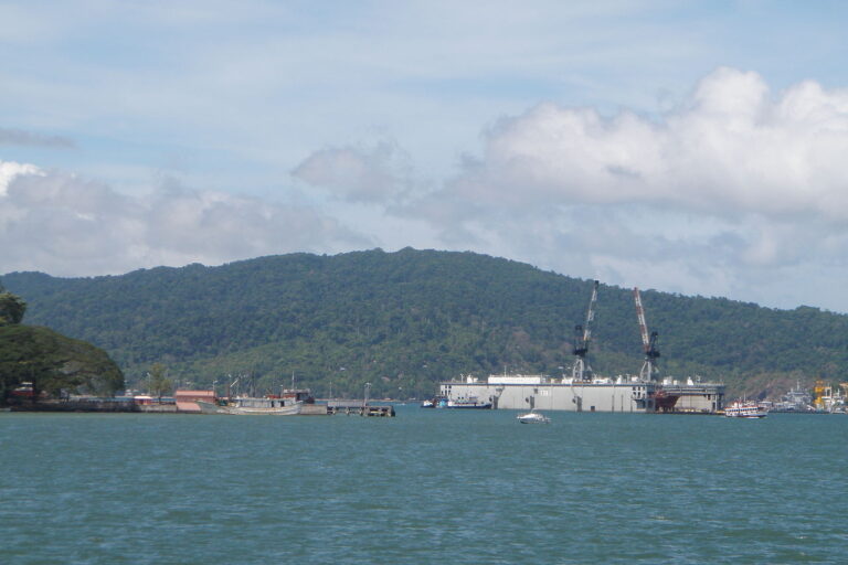 A floating dry dock near Andaman island. Citing the island’s coastal maps and existing rules under the Island Coastal Regulation Zone notification 2019, a petition pointed out that seven sq km of the trans-shipment port project fell in the CRZ 1-A coastal area, where large-scale development is strictly prohibited. Representative image by Biswarup Ganguly via Wikimedia Commons (CC BY-SA 3.0).