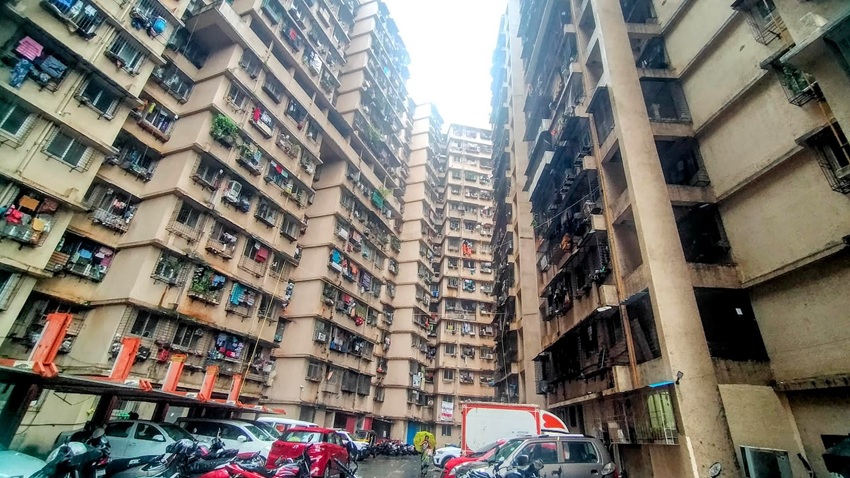 The Slum Rehabilitation Authority's building in Chikala where several indigenous people from Prajapur Pada were shifted after eviction due to the metro rail project. Image by Esha Lohia for Mongabay