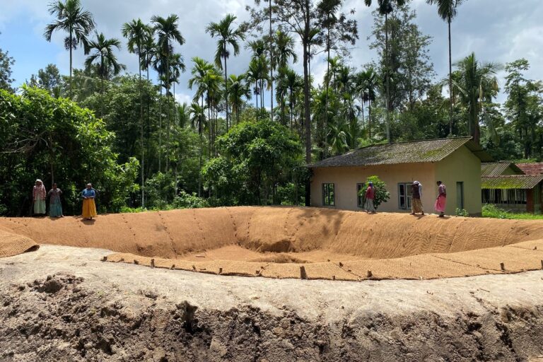 A pond constructed at Cheeyampam 73 under MNREGA to address drought. The region’s location at the southern tip of the Deccan Plateau makes it a subject to intense summer heat, worsening drought risks. Image by Vipindas P.