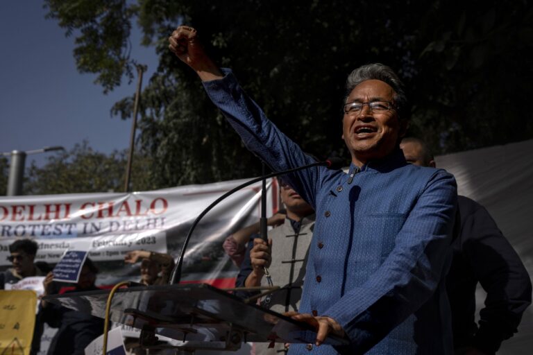 Sonam Wangchuk addresses a gathering at a protest demanding statehood and other democratic rights for Ladakh in New Delhi on February 15, 2023. (AP Photo/Altaf Qadri)