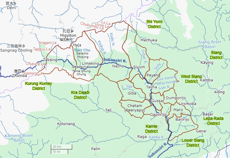 A map showing the flow of the Subansiri river across Arunachal Pradesh. Image by OpenStreetMap via Wikimedia Commons (CC BY-SA 2.0).