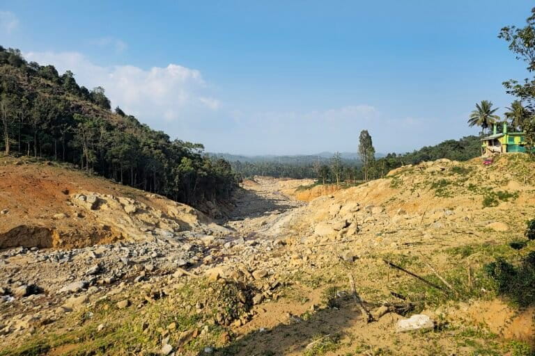 The aftermath of landslides in Wayanad in 2024. The absence of a formal finance mechanism that links disaster relief with social protection has limited India’s climate adaptive capacity. Image by Vis M via Wikimedia Commons (CC BY-SA 4.0).