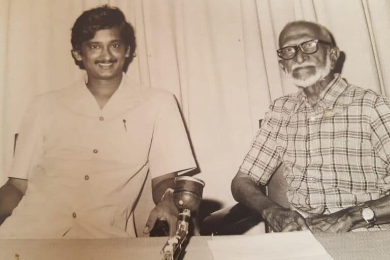 Salim Ali (right) in 1975 with ornithologist K. S. R. Krishna Raju (left), whom he mentored. Raju went on to conduct studies in the Eastern Ghats. Image by Sara2019 via Wikimedia Commons (CC BY-SA 4.0).