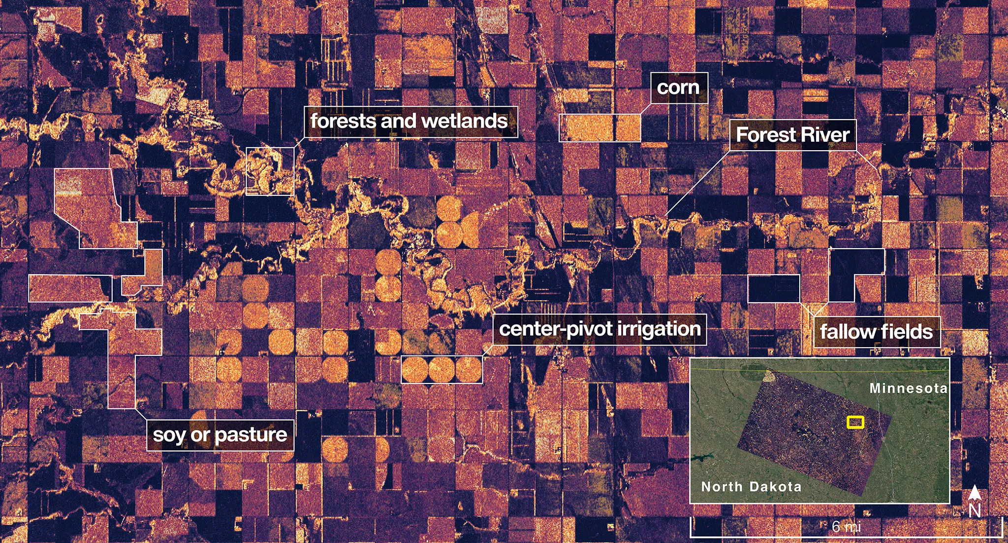 Land adjacent to northeastern North Dakota’s Forest River, captured by NISAR on August 23. It shows wetlands and forests lining the river banks, with circular and rectangular corn and soya fields and pastures. Satellite imagery by NASA/JPL-Caltech.