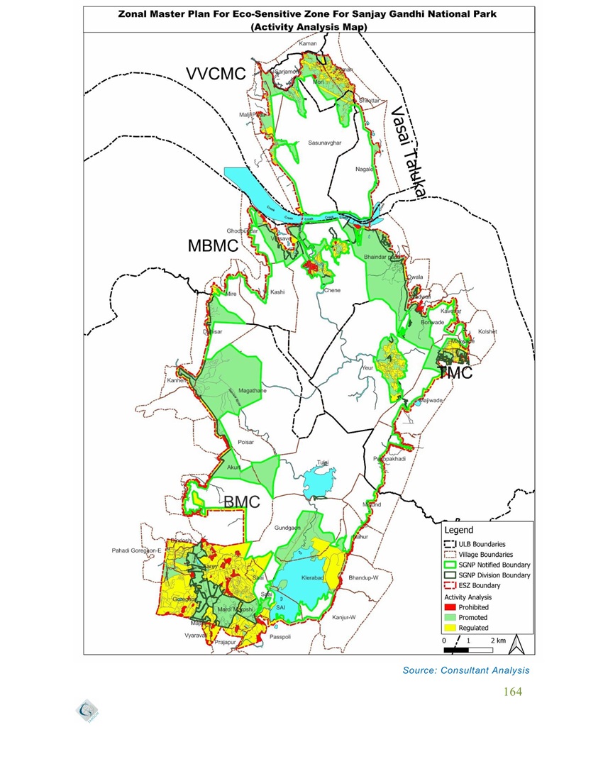 Map showing promoted, regulated, and prohibited activities under the Sanjay Gandhi National Park Zonal Master Plan for the Eco-Sensitive Zone. Map courtesy of the draft zonal master plan.