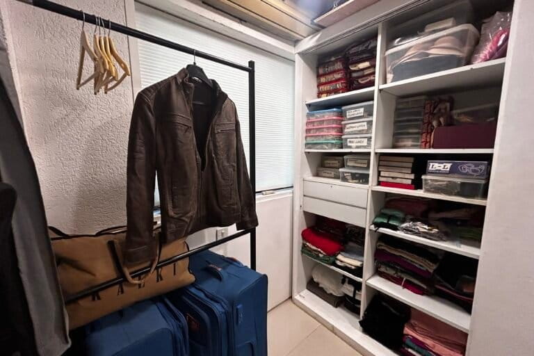 The costume worn by the character Daulat from the show Aarya, stored for re-use along with other costumes and fabrics demarcated, labelled and stored. Image