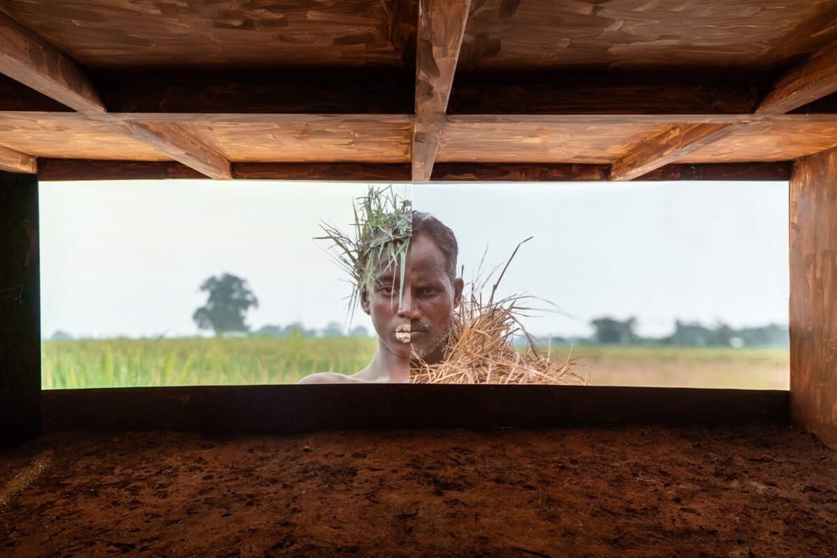 An artwork curated as part of Time as a Mother by Damian Christinger and Ravi Agarwal for Serendipity Arts Festival 2023. Ravi's curatorial approach explores the intersections of art, ecology, and climate change. Image by Philippe Calia and Sunil Thakkar/Serendipity Arts Festival. 