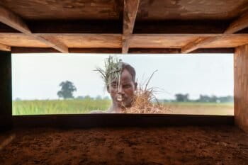 An artwork curated as part of Time as a Mother by Damian Christinger and Ravi Agarwal for Serendipity Arts Festival 2023. Ravi's curatorial approach explores the intersections of art, ecology, and climate change. Image by Philippe Calia and Sunil Thakkar/Serendipity Arts Festival. 