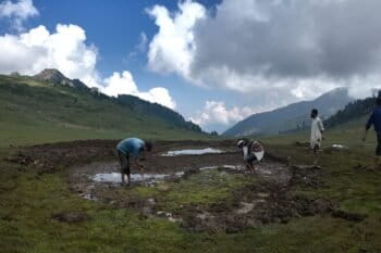 A new pond being dug at Lalmarg pasture in Ganderbal district. Pastoralist communities in Kashmir work together with the nonprofit Himalayan Pastoral Trust to construct alpine ponds to store harvested rainwater in high-altitude pastures. Image by Shahid Sulaiman.
