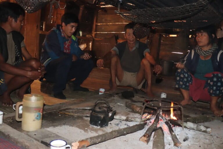 Chiging Pilia (second from left) interviews Adi elders in their home, as part of the survey for which the NCF research team visited over 100 Adi villages. Image by Chiging Pilia/NCF.