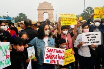 Citizens protest for action against air pollution in New Delhi in November 2025. (AP Photo/Manish Swarup)