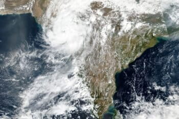 A satellite image shows cyclone Tauktae approaching India's western coast. (NASA Worldview, Earth Observing System Data and Information System (EOSDIS) via AP)