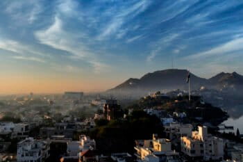 Ana sagar lake in Ajmer, Rajasthan, against the backdrop of the Aravalli mountain ranges. (AP Photo/Rajesh Kumar Singh)