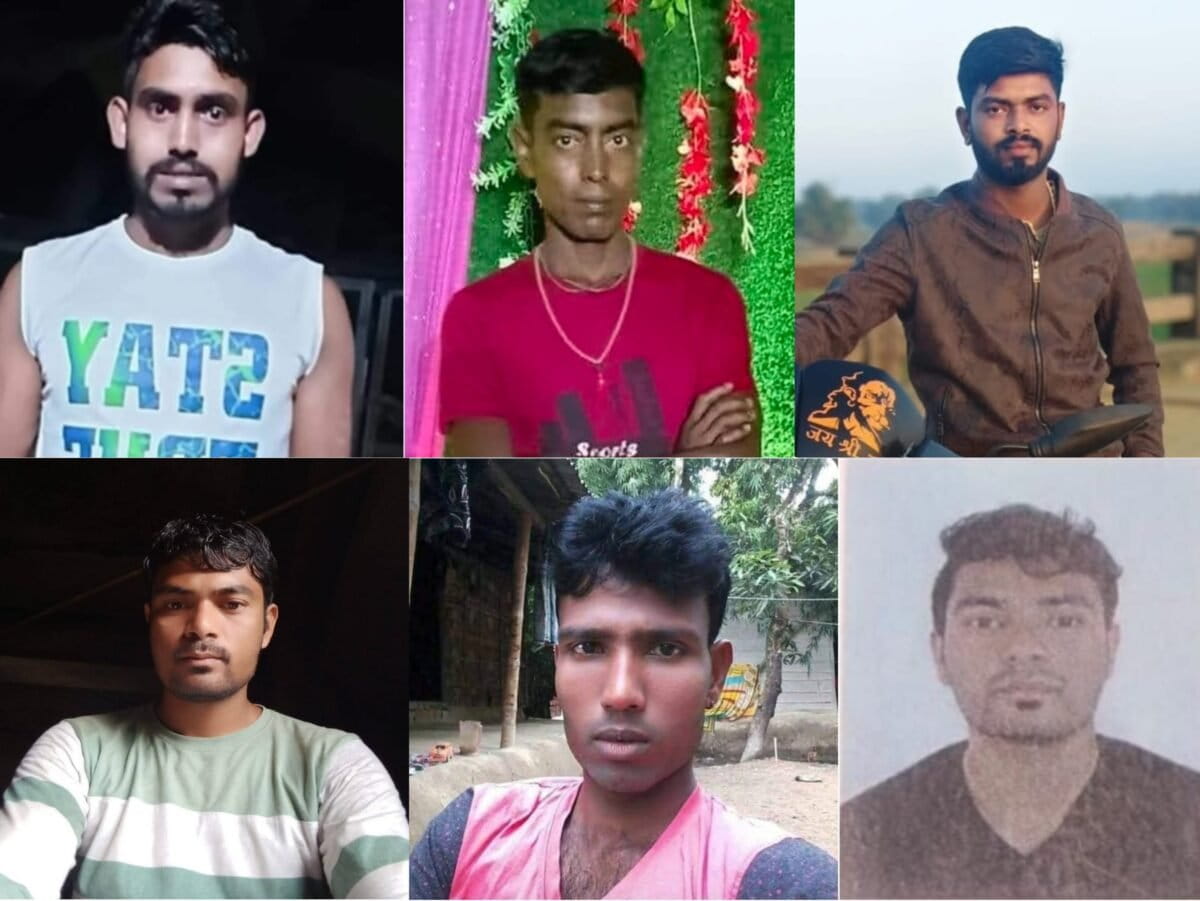Clockwise from top left: Puranjay Baishnab, Nikunja Baishnab, Krishna Baishnab, Faruk Ahmed, Dilwar Hussain, and Anwar Hussain, were among the 27 deceased in the fire. They were from Katigorah, Cachar district, Assam. Image via Pradipto Purkayastha.