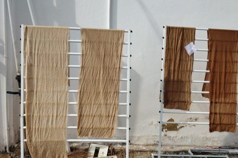 Pashmina fabric dyed with natural plant extracts drying after the dyeing process. Image by Hirra Azmat.