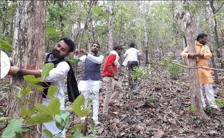 बंदर हीरा खदान की वजह से बकस्वाहा के जंगल में दो लाख से अधिक पेड़ कटेंगे। पेड़ों को बचाने के लिए सोशल मीडिया के अलावा जमीनी स्तर पर भी मुहिम चलाई जा रही है। जून में उत्तरप्रदेश के हमीरपुर से बकस्वाहा आकर युवाओं ने पेड़ों को रक्षा सूत्र बांधा। तस्वीर- विनय तिवारी