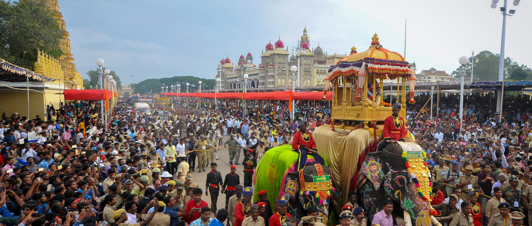 मैसूरु दशहरा जुलूस के दौरान देवी चामुंडेश्वरी का स्वर्णजड़ित हौदा (पालकी) ले जाते हाथी अर्जुन की एक फ़ाइल तस्वीर। तस्वीर - मधुसूदन एसआर।