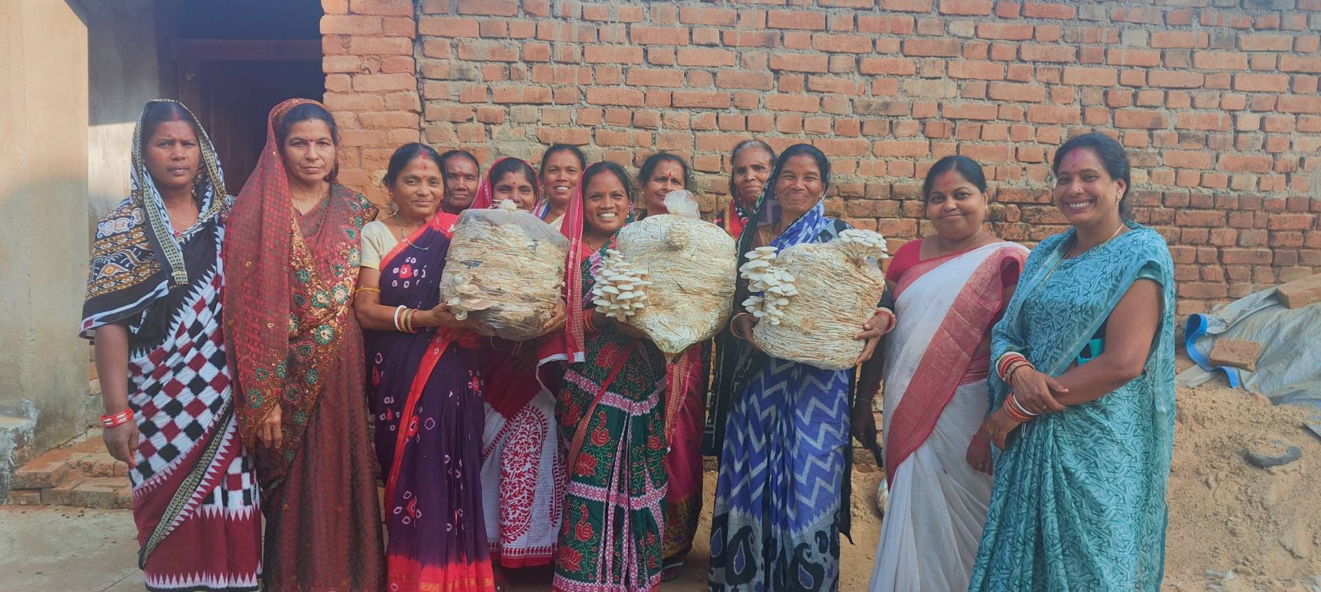ओडिशा के सुंदरगढ़ के फुलधुडी गांव में अपनी मशरूम की फसल के साथ खड़ी कुछ महिलाएं। तस्वीर- ऐश्वर्या मोहंती/मोंगाबे।