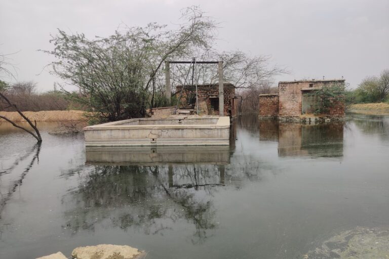 जोजड़ी नदी के पानी में डूबा हुआ पारंपरिक कुआं। तस्वीर –विशाल कुमार जैन\मोंगाबे।