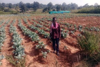 पानी बचाने से ऊपरी जमीन में भी खेती संभव हो पाया है। ऊपरी जमीन पर स्थित सब्जी के खेत में खड़े गुलाब सिंह मुंडा। तस्वीर- राहुल सिंह/मोंगाबे